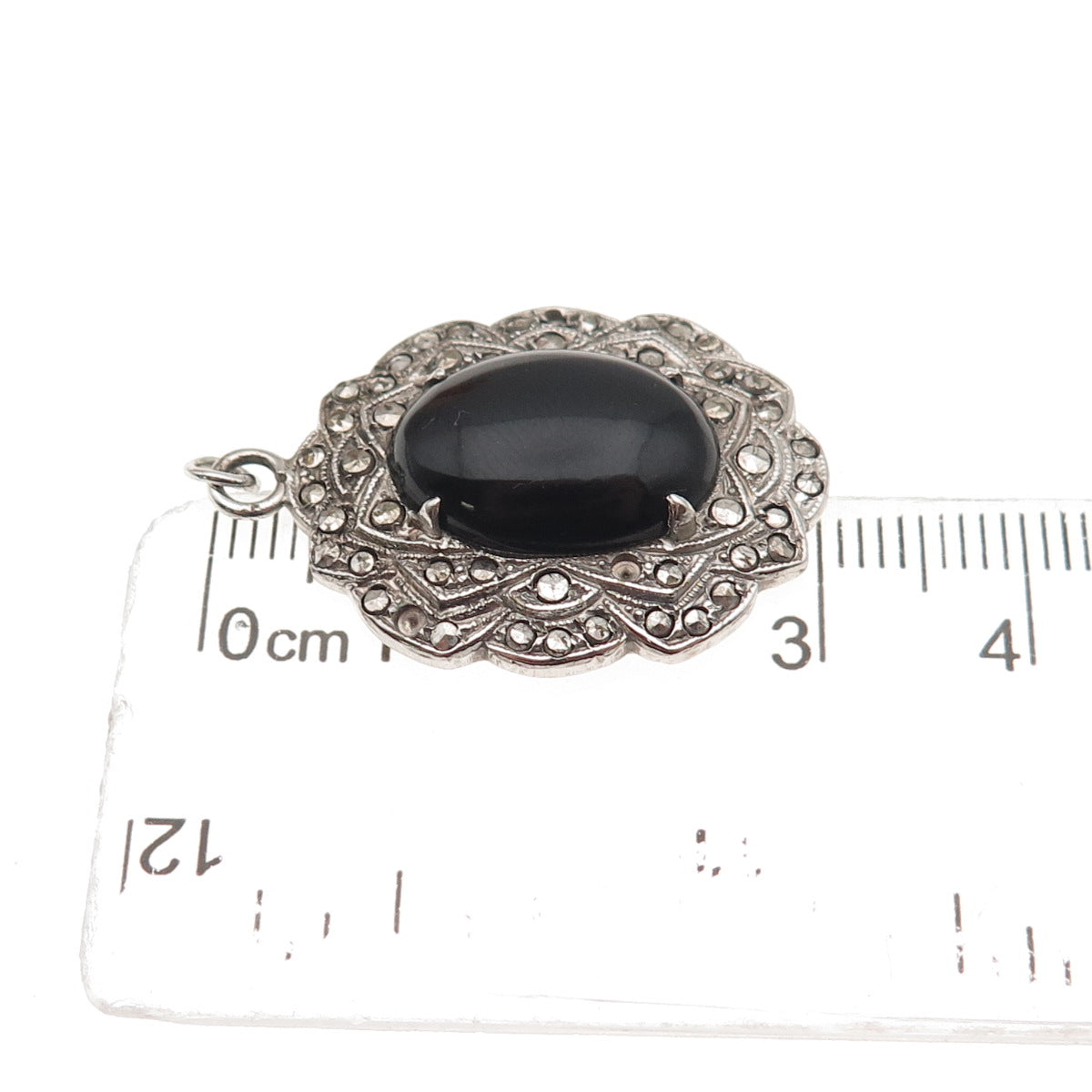 925 Sterling Silver Antique Real Black Onyx Marcasite Pendant (missing 3 stones)