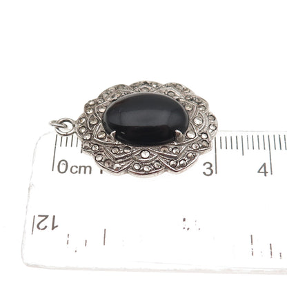 925 Sterling Silver Antique Real Black Onyx Marcasite Pendant (missing 3 stones)