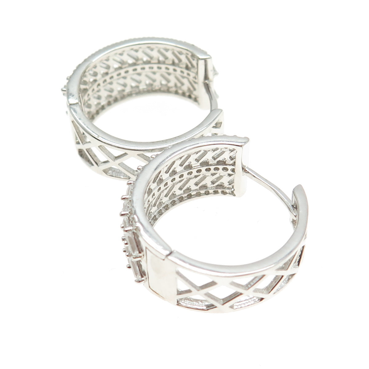 925 Sterling Silver Round & Baguette-Cut C Z Hoop Earrings