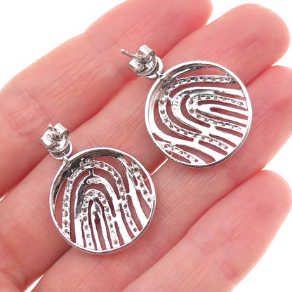 925 Sterling Silver Round-Cut C Z Fingerprint Disc Dangle Earrings