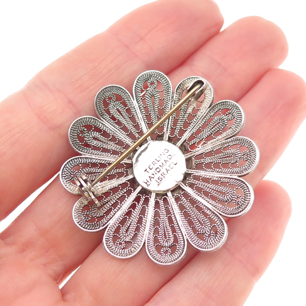 925 Sterling Silver Vintage Israel Floral Filigree Oxidized Handmade Pin Brooch