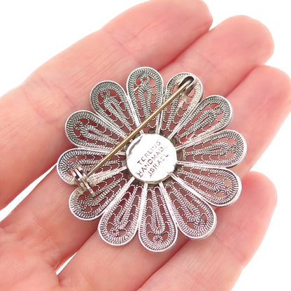 925 Sterling Silver Vintage Israel Floral Filigree Oxidized Handmade Pin Brooch