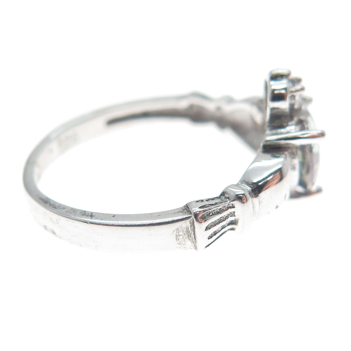 925 Sterling Silver Heart-Cut Mystic Quartz & C Z Irish Claddagh Ring Size 6