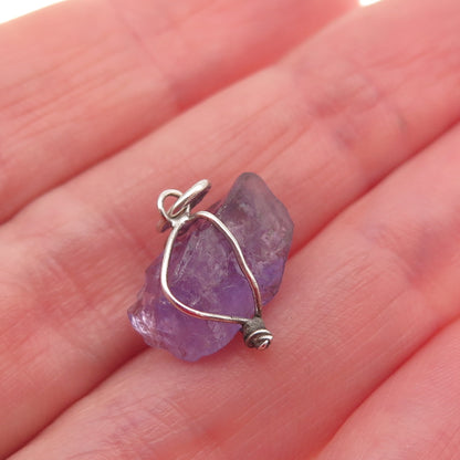 925 Sterling Silver Vintage Real Amethyst Amulet Mini Charm Pendant