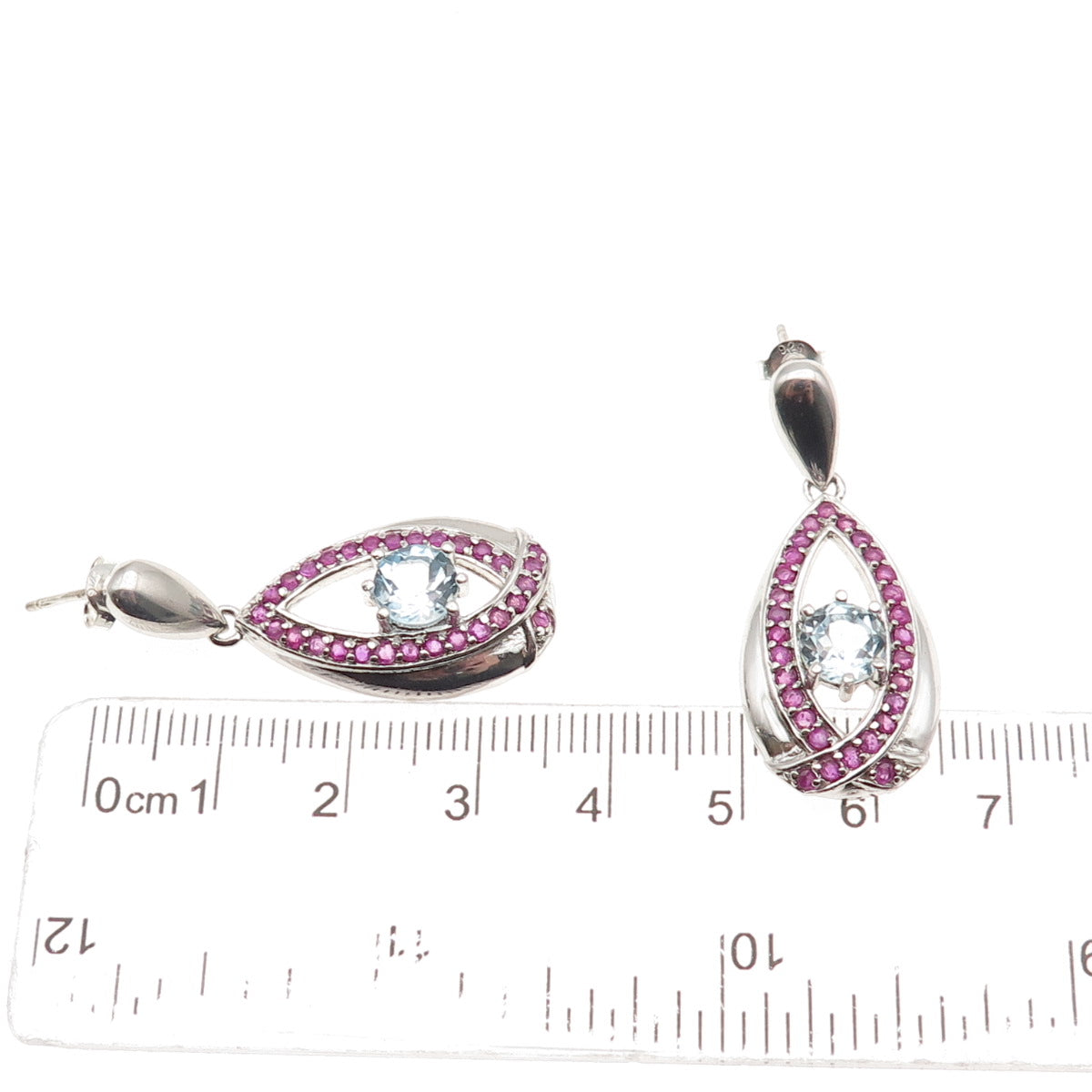 SX Sally C 925 Sterling Silver Real Blue Topaz & Ruby Teardrop Dangle Earrings