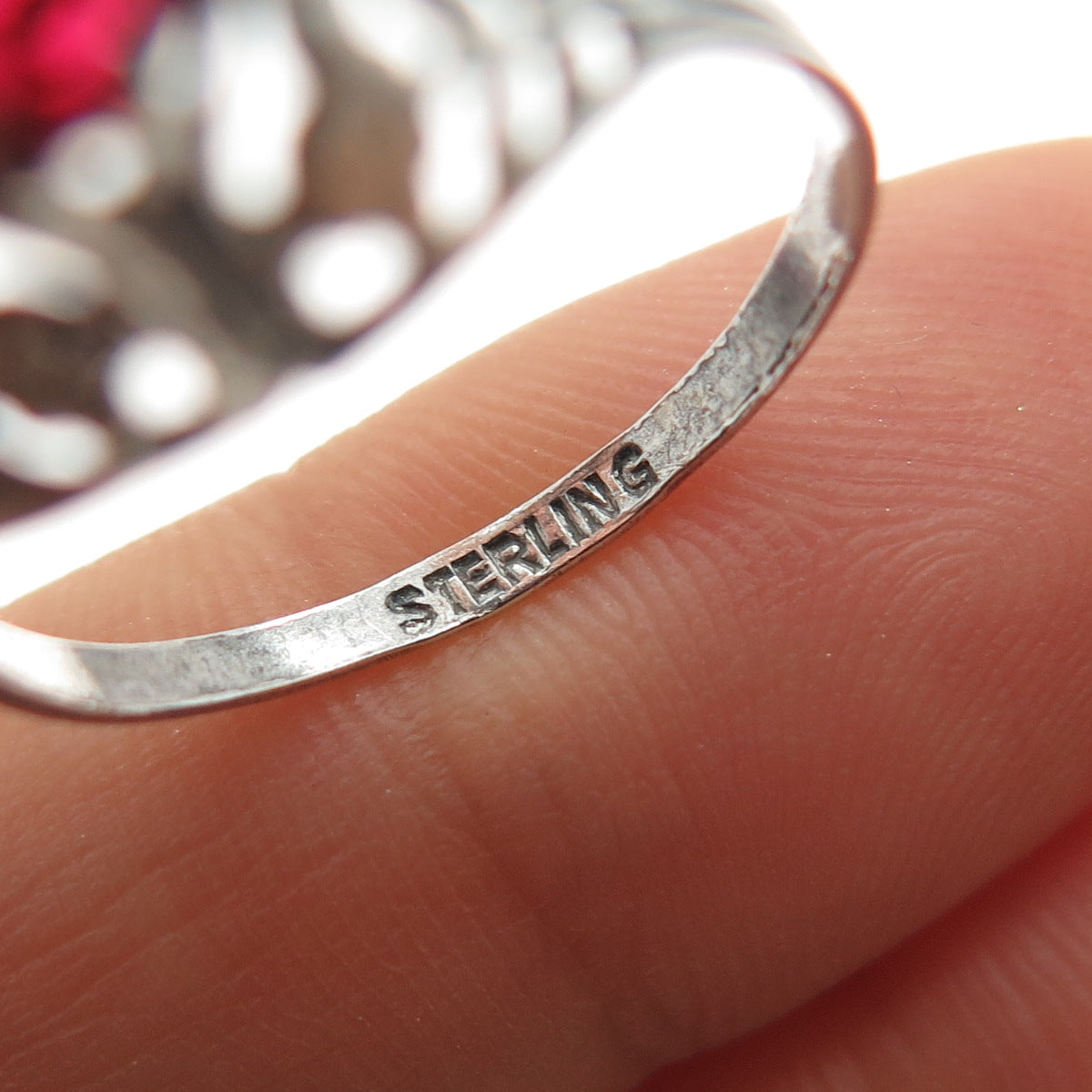 925 Sterling Silver Antique Art Deco Red Rhinestone Oxidized Ring Size 6.75
