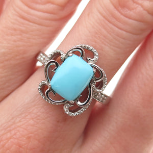 925 Sterling Silver Real Turquoise & White Topaz Floral Ring Size 8