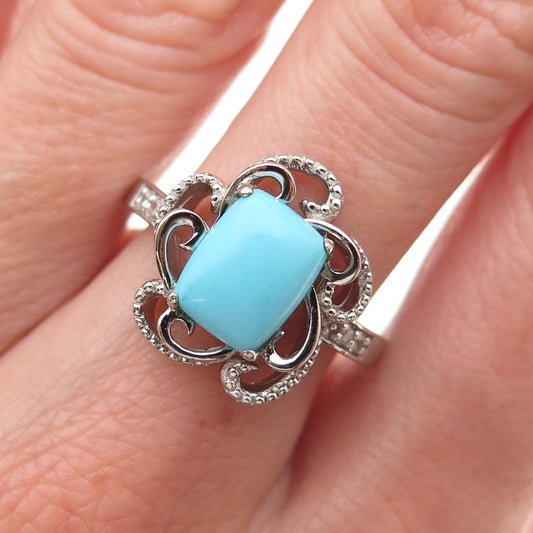 925 Sterling Silver Real Turquoise & White Topaz Floral Ring Size 8