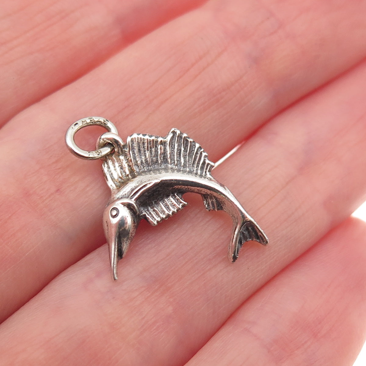 Beau 925 Sterling Silver Vintage Sword Fish Oxidized Mini Charm Pendant