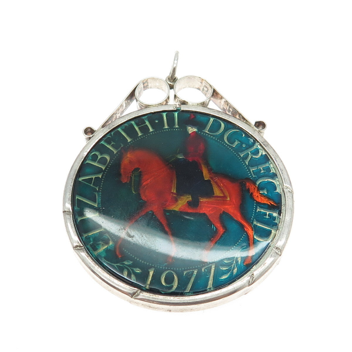 925 Sterling Silver Vintage Enamel 1977 ELIZABETH II DG REG FD Coin Pendant