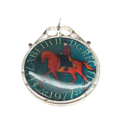 925 Sterling Silver Vintage Enamel 1977 ELIZABETH II DG REG FD Coin Pendant
