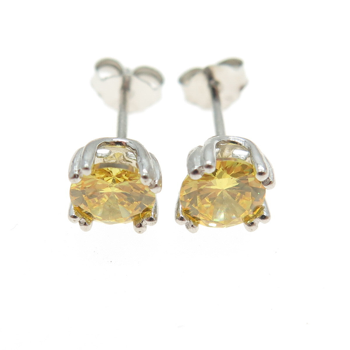 925 Sterling Silver Round-Cut Shaped Canary C Z Stud Earrings