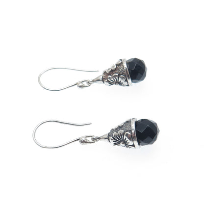 925 Sterling Silver Vintage Real Black Spinel Gemstone Floral Dangle Earrings