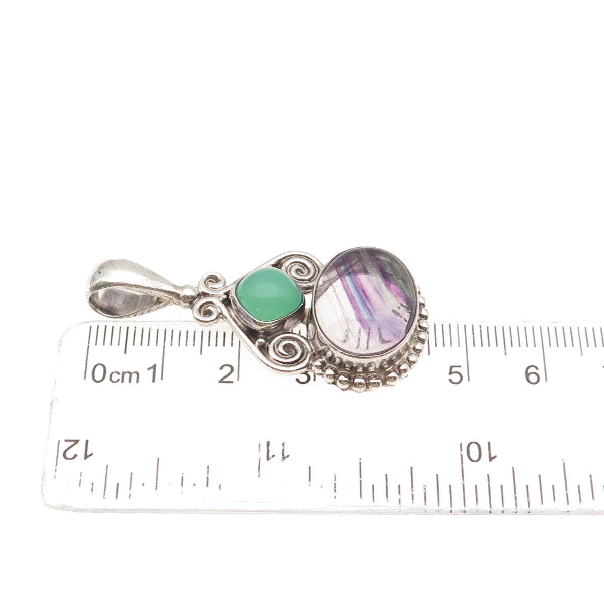 SAJEN 925 Sterling Silver Vintage Real Fluorite & Green Chalcedony Charm Pendant