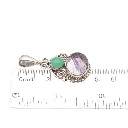 SAJEN 925 Sterling Silver Vintage Real Fluorite & Green Chalcedony Charm Pendant