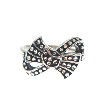 925 Sterling Silver Vintage Diamond-Cut Ribbon Bow Oxidized Ring Size 6.75