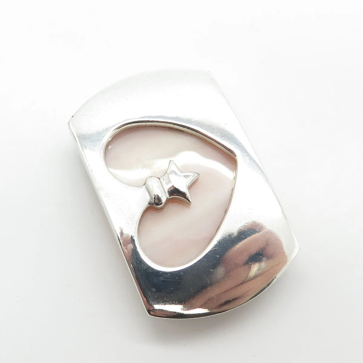 925 Sterling Silver Vintage Real Mother-Of-Pearl Heart Necklace Central Part