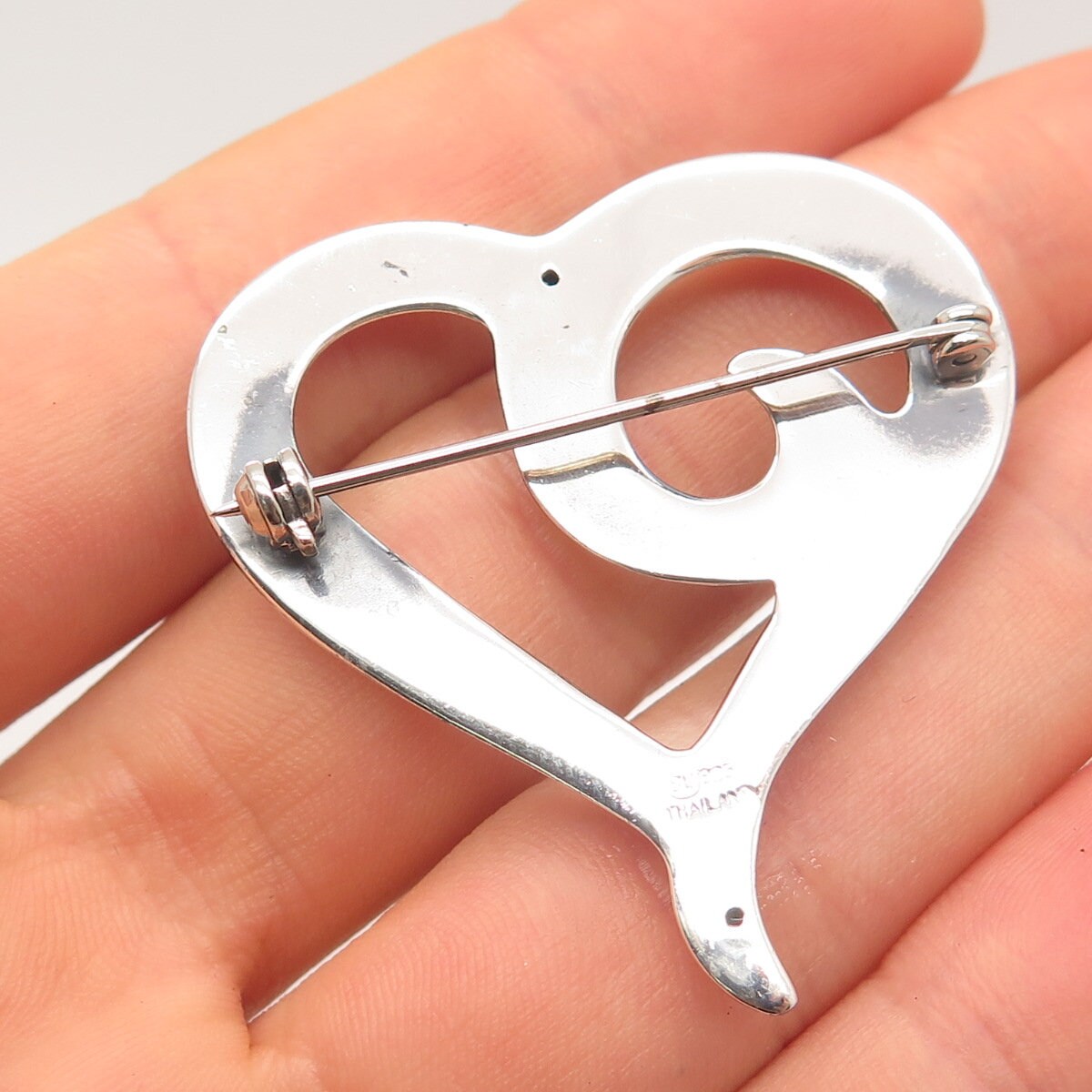 925 Sterling Silver Vintage Sunstone Imports Open Heart Pin Brooch