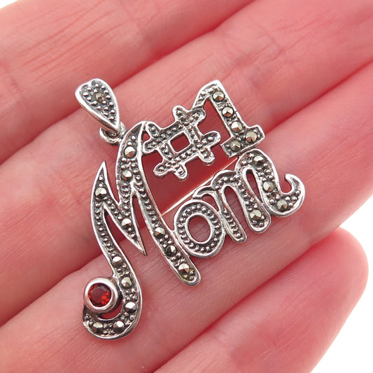 925 Sterling Silver Vintage Real Marcasite & Red Garnet #1 Mom Charm Pendant