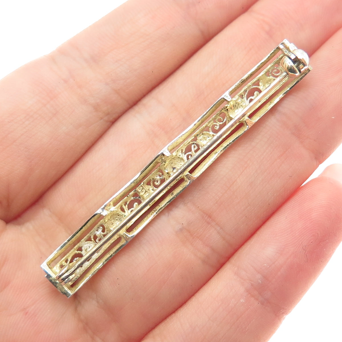 800 Silver 2-Tone Vintage Rose Flower Filigree Bar Pin Brooch