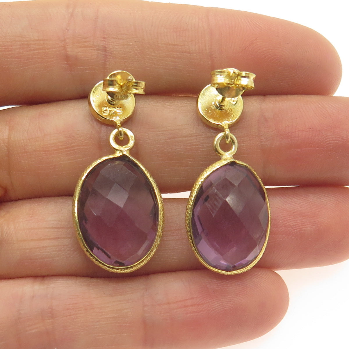 925 Sterling Silver Gold Plated Real Amethyst Modernist Dangle Earrings