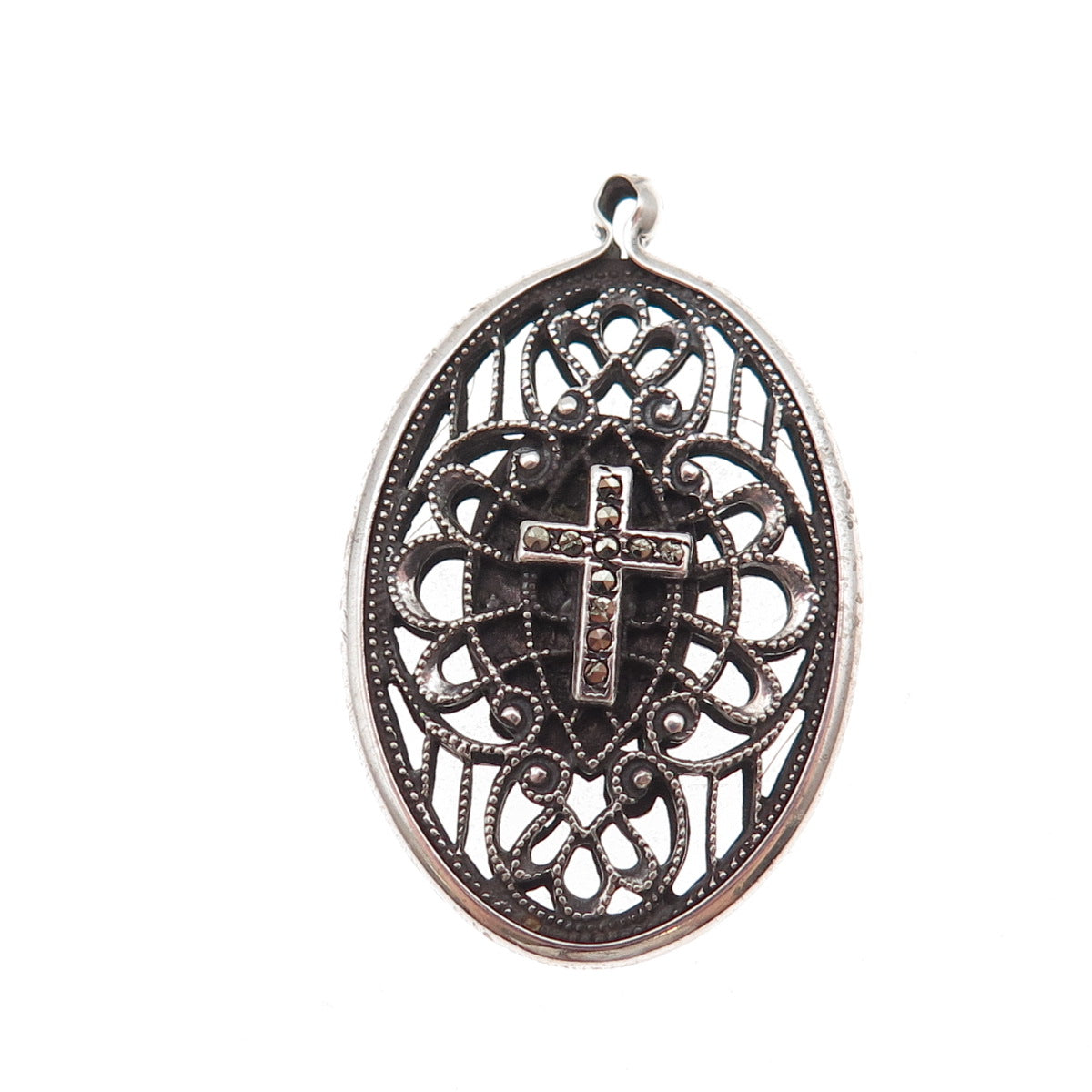 925 Sterling Silver Antique Art Deco Real Marcasite Cross Filigree Charm Pendant