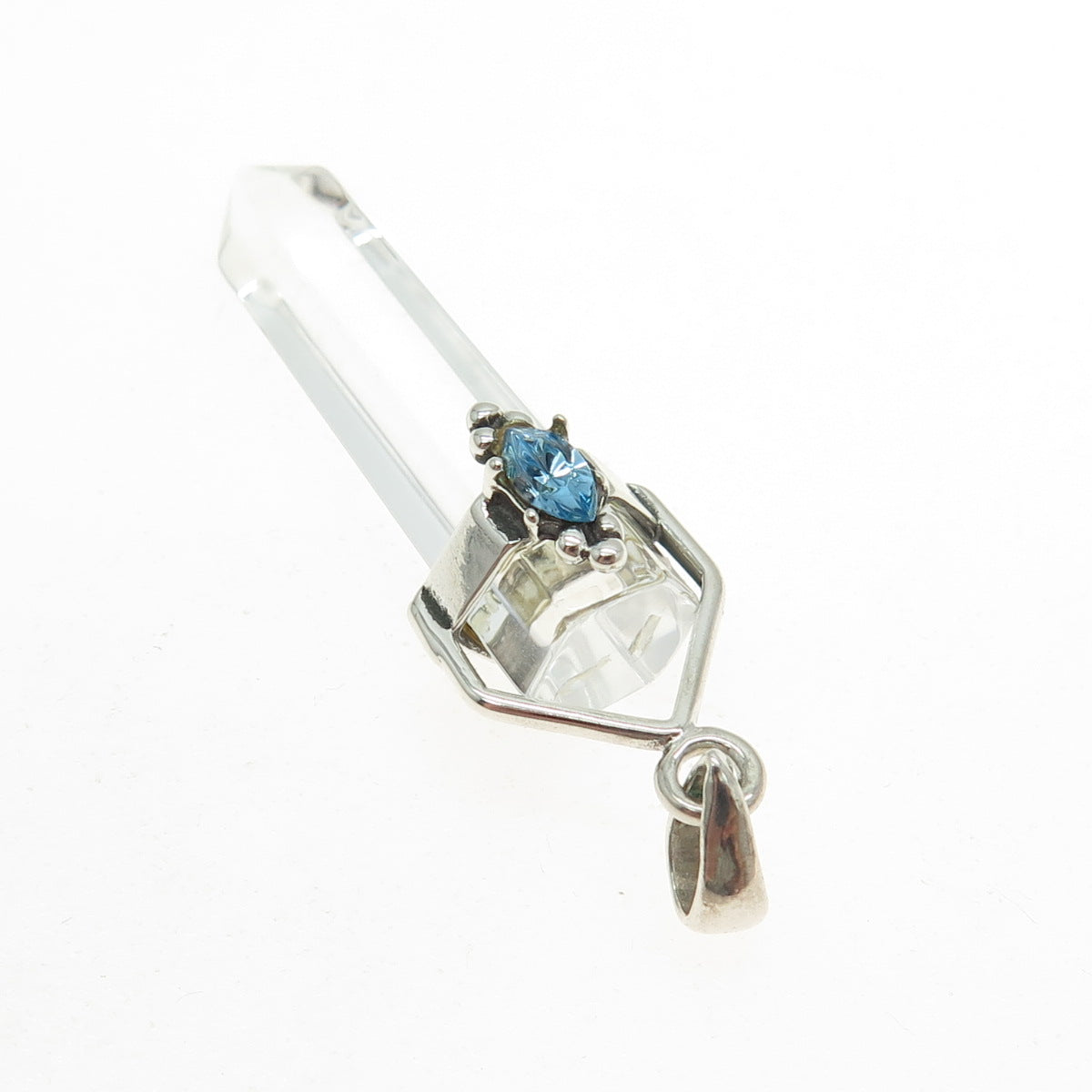 925 Sterling Silver Vintage Clear Glass & Blue Rhinestone Amulet Pendant