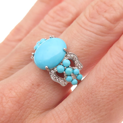 925 Sterling Silver Real Sleeping Beauty Turquoise & White Topaz Ring Size 8