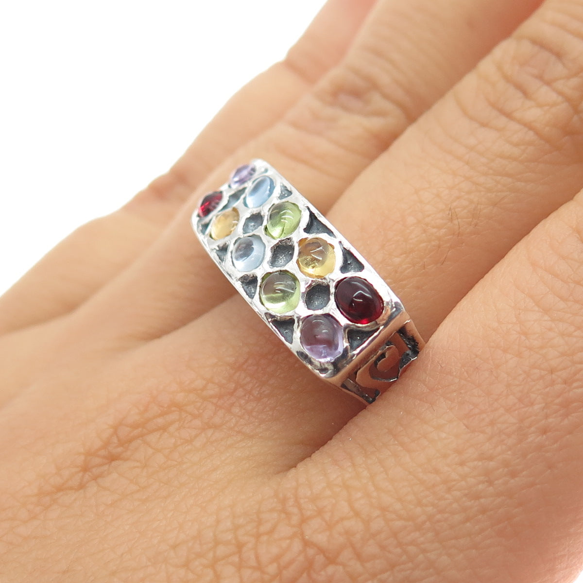 925 Sterling Silver Blue Topaz Citrine Peridot Garnet & Amethyst Ring Size 8.25