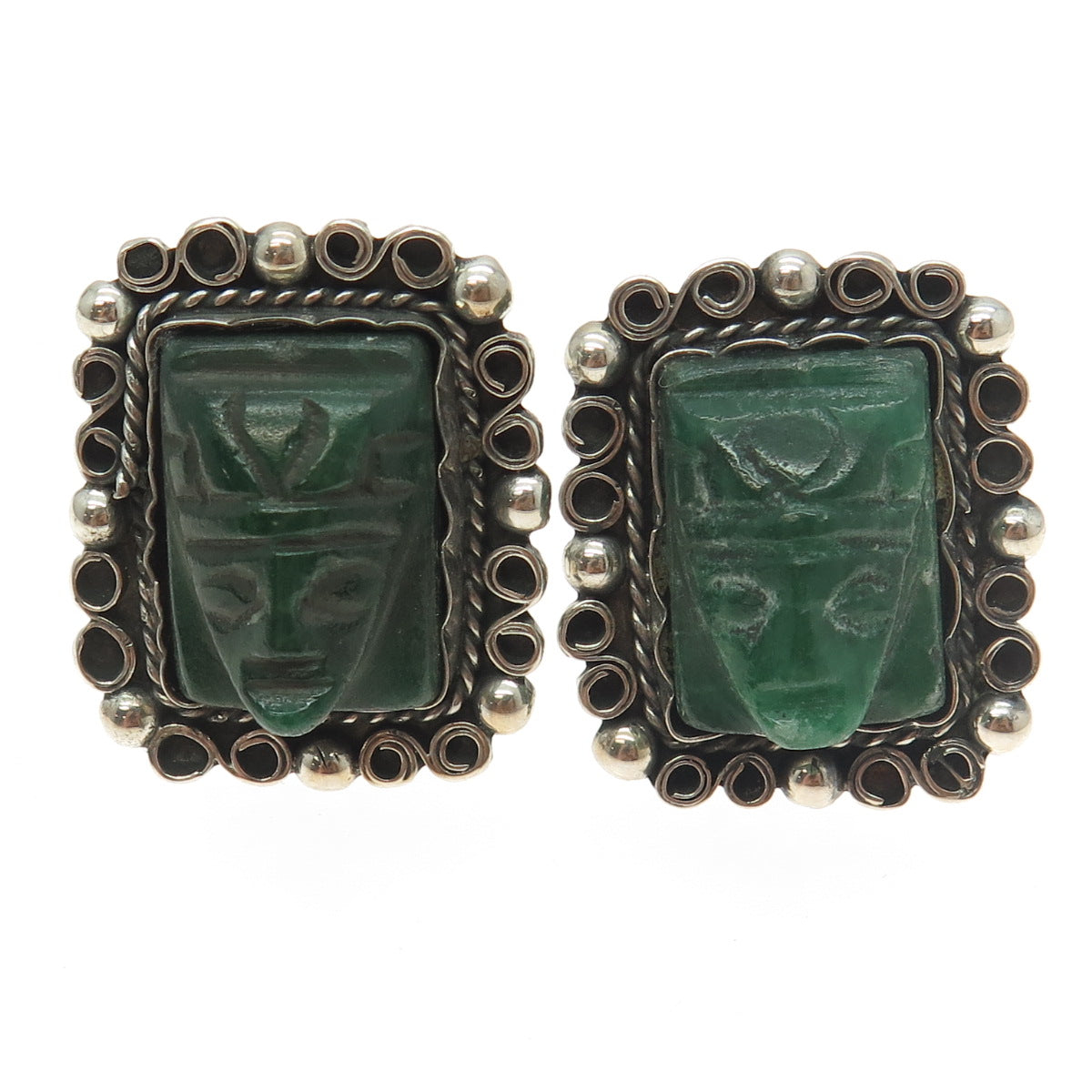 925 Sterling Silver Vintage Mexico Real Carved Jade Aztec Screw Back Earrings