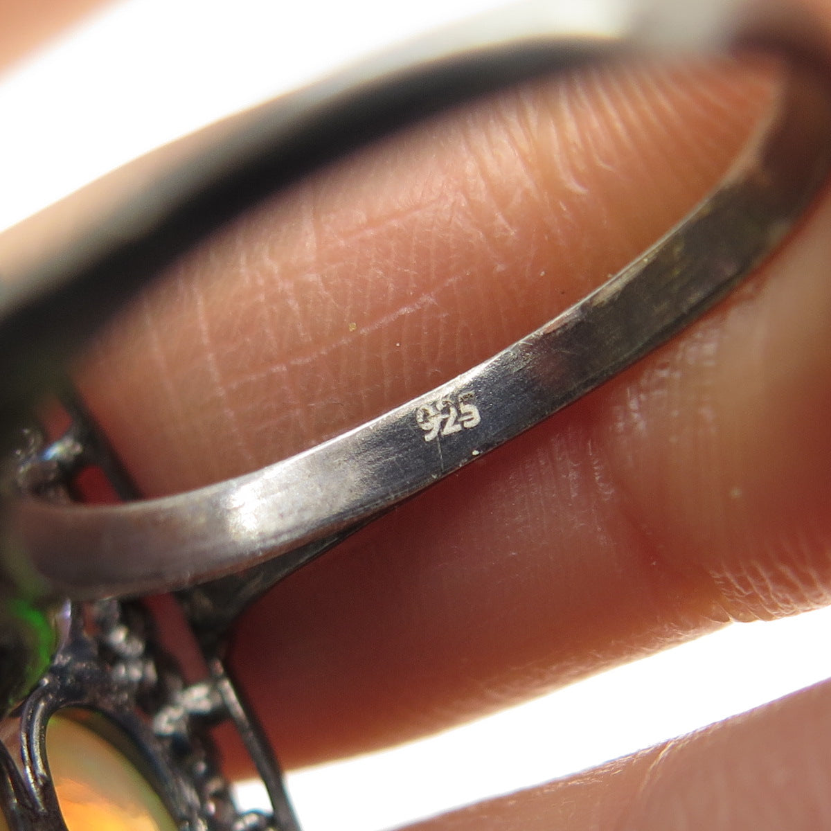 925 Sterling Silver Black Rhodium Real Opal & White Topaz Cluster Ring Size 6.75