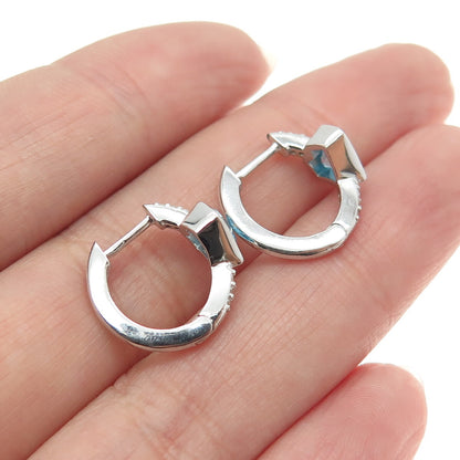 HAN 925 Sterling Silver Round & Princess Heart-Cut White Blue C Z Hoop Earrings