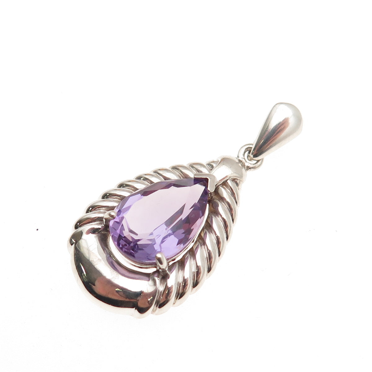 925 Sterling Silver Vintage Real Pear-Cut Amethyst Teardrop Charm Pendant