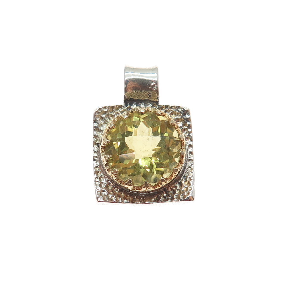 925 Sterling Silver 2-Tone Vintage Real Lime Quartz Hammered Charm Pendant