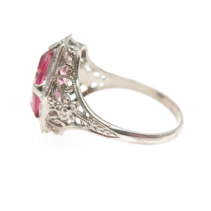 925 Sterling Silver Antique Art Deco Pink Rhinestone Ring Size 7.25