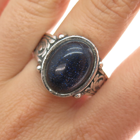 925 Sterling Silver Vintage Real Goldstone Ornate Oxidized Ring Size 13.5