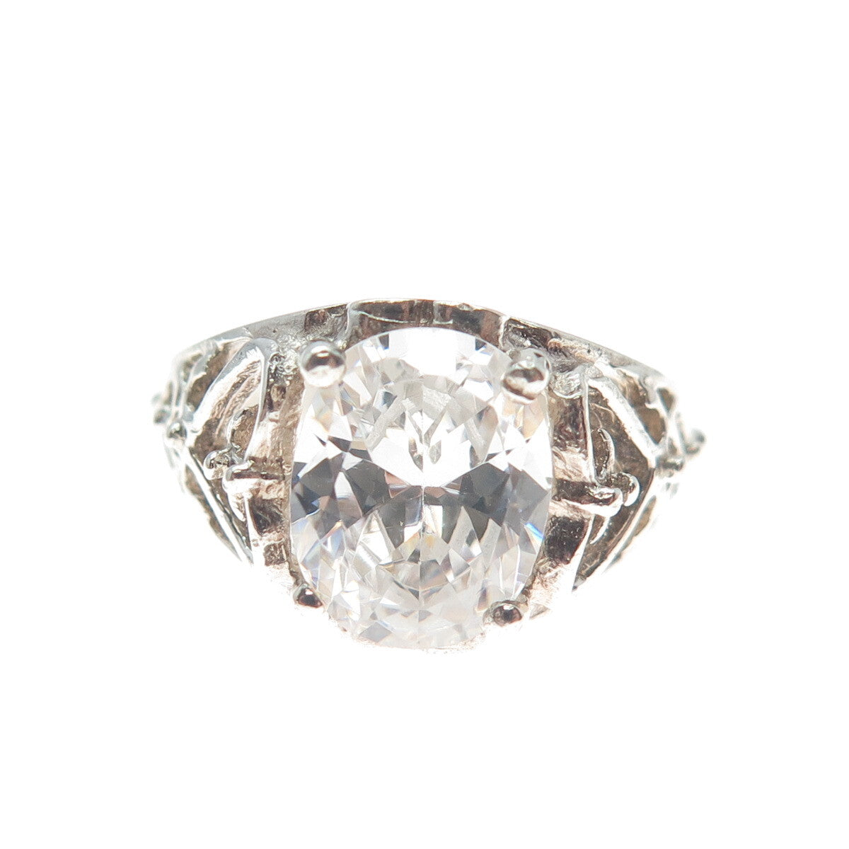 925 Sterling Silver Oval-Cut Shaped C Z Ornate Heart Ring Size 6.5