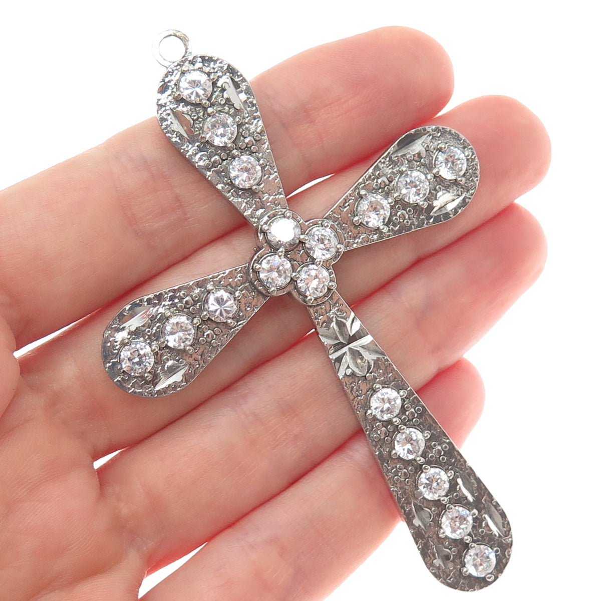 925 Sterling Silver Vintage Round-Cut C Z Cross Oxidized Pendant