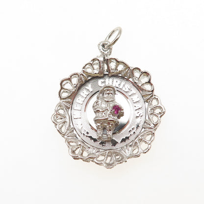925 Sterling Silver Vintage Pink Rhinestone Merry Christmas Santa Charm Pendant