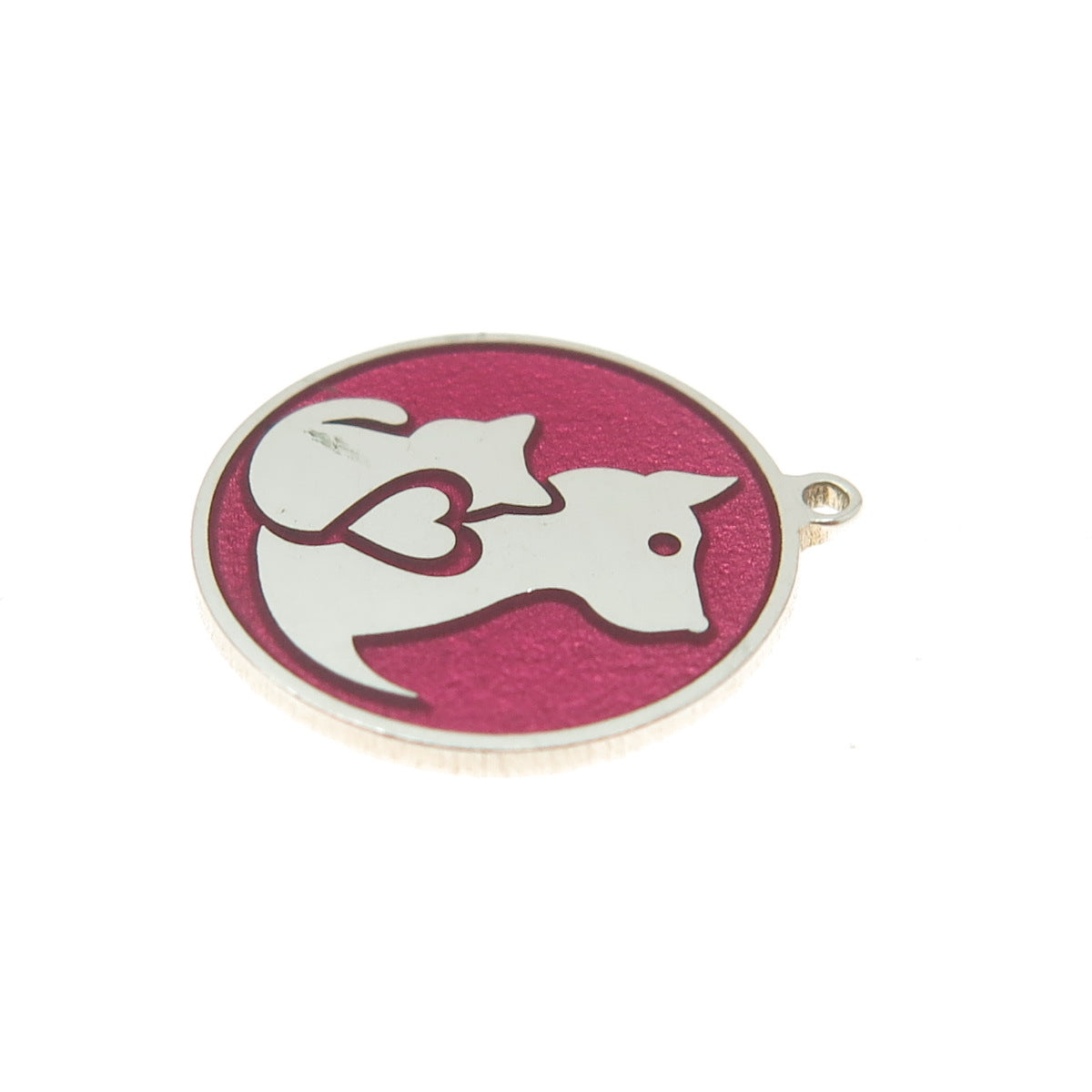 Tokemoti 925 Sterling Silver Pink Enamel Cat & Dog Round Tag Minimalist Pendant