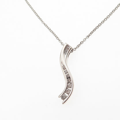 925 Sterling Silver Real Diamond Wavy Pendant Cable Chain Necklace 18"