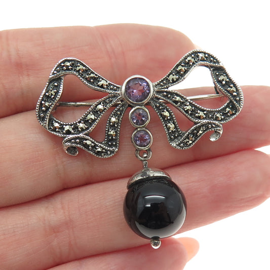 925 Sterling Silver Vintage Real Black Onyx Amethyst & Marcasite Bow Pin Brooch