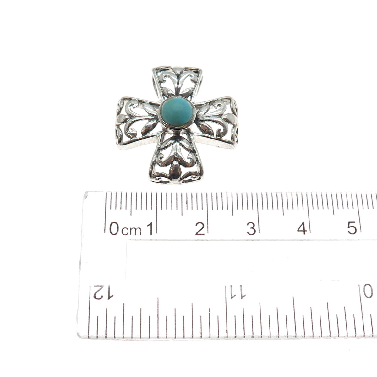 KEN CRAFTS 925 Sterling Silver Vintage Real Turquoise Ornate Cross Slide Pendant