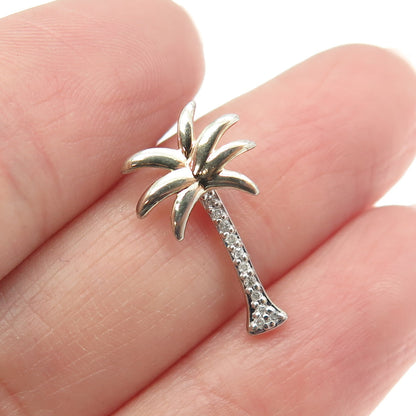 SUN 925 Sterling Silver 2-Tone Real Round-Cut Diamond Palm Tree Slide Pendant