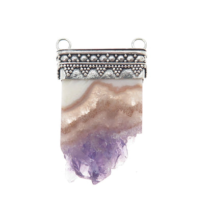 925 Sterling Silver Vintage Amethyst Agate Oxidized Slide Centerpiece Pendant