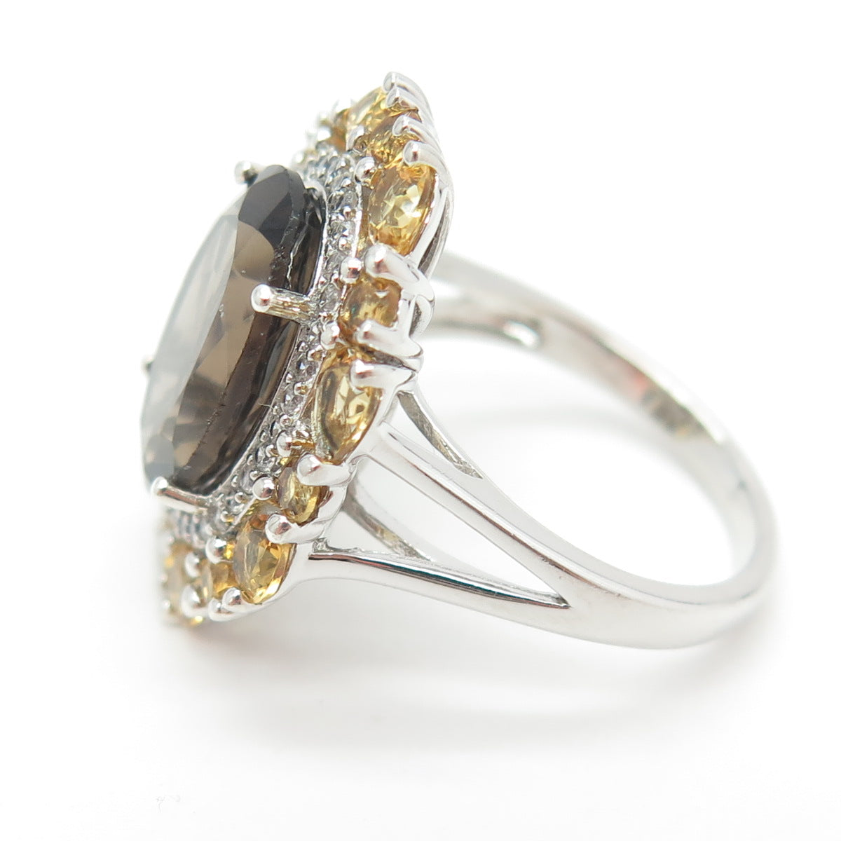 925 Sterling Silver Real Smoky Quartz Citrine White Topaz Cluster Ring Size 7.25