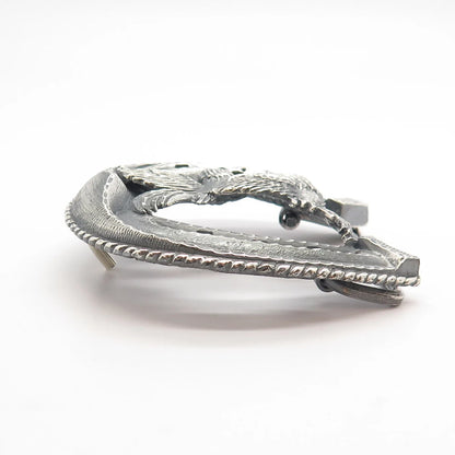 925 Sterling Silver Vintage Mexico Plata Horseshoe & Phoenix Birds Pin Brooch