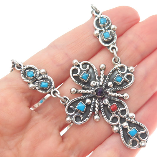925 Sterling Silver Vintage Mexico Turquoise Coral & Amethyst Cross Necklace 20"
