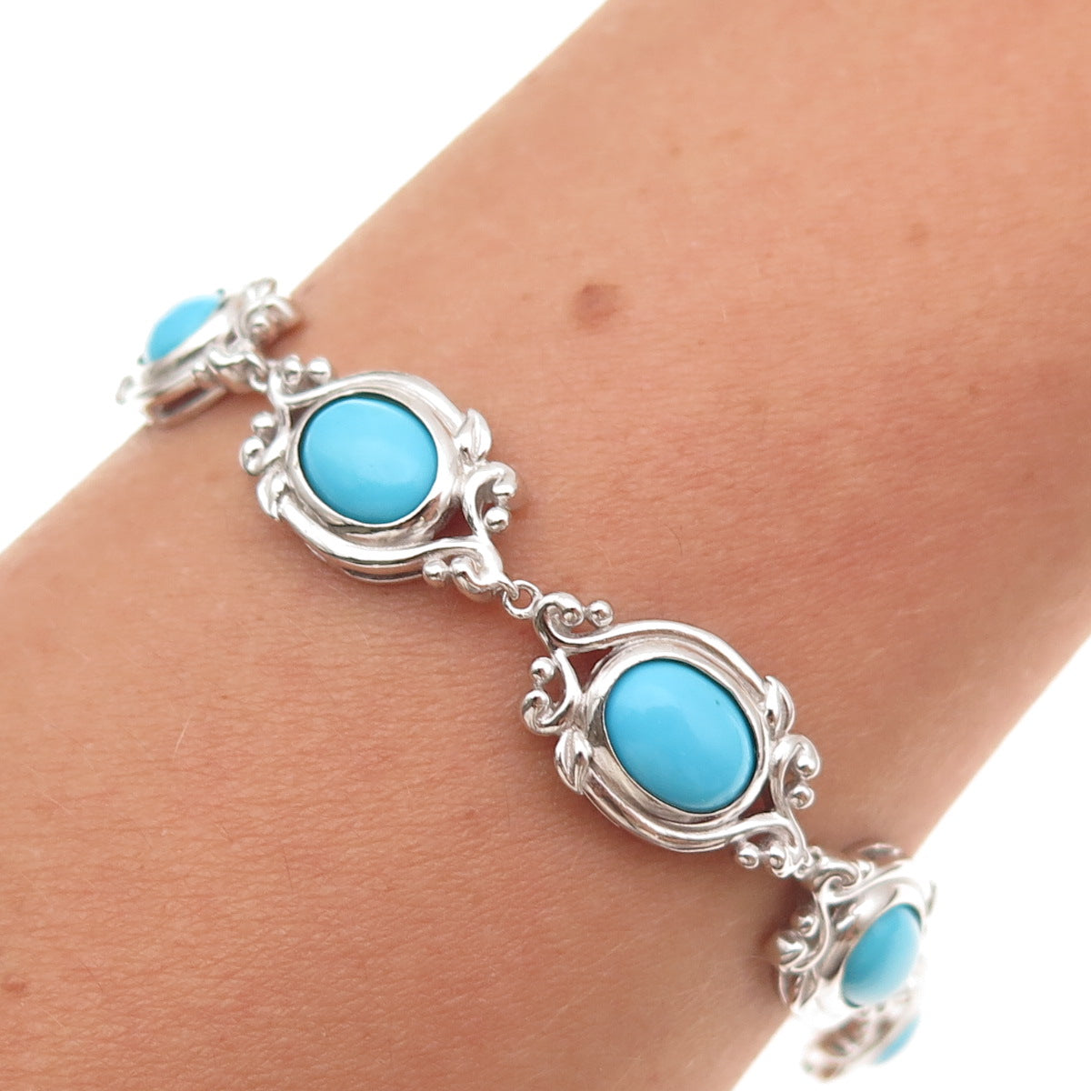 925 Sterling Silver Real Sleeping Beauty Turquoise Floral Bracelet 7.5-9.5"