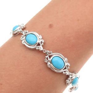 925 Sterling Silver Real Sleeping Beauty Turquoise Floral Bracelet 7.5-9.5"